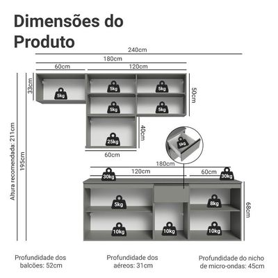 Armário De Cozinha Completa 240 Cm Suspensa Cinza Nice Madesa 07