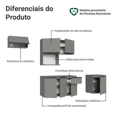 Armário De Cozinha Completa 240 Cm Suspensa Cinza Nice Madesa 07