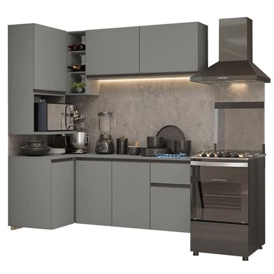 Armário De Cozinha Completa De Canto 265 Cm Suspensa Cinza Nice Madesa 06