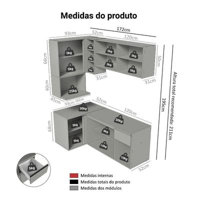 Armário De Cozinha Completa De Canto 265 Cm Suspensa Cinza Nice Madesa 06