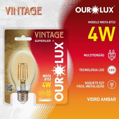 Lâmpada Vintage Superled Mista Bt53 4w Biv 2400k - 05339 - Ourolux Vintage Led Mista Bt53 4w Biv 2400k Ourolux -05339