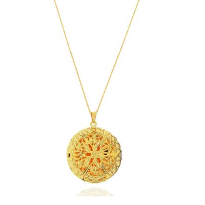 Colar Relicário Redondo Vazado banhado em ouro 18k - corrente 45cm + 5cm
