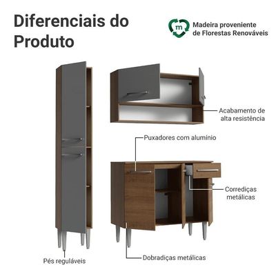 Armário De Cozinha Compacta 137 Cm Rustic-cinza Emilly Madesa 011