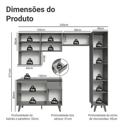 Armário De Cozinha Completa 240 Cm Cinza Nice Madesa 08