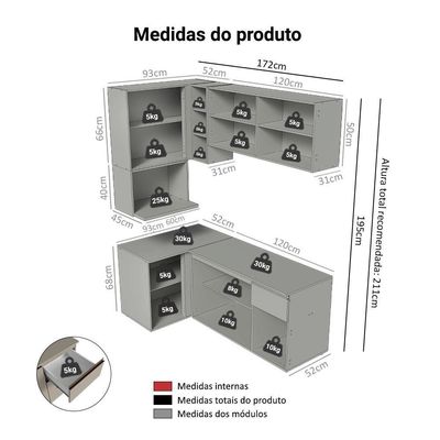 Armário De Cozinha Completa De Canto 265 Cm Suspensa Crema Nice Madesa 06