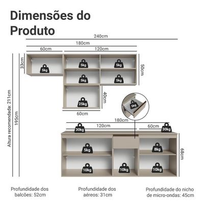 Armário De Cozinha Completa 240 Cm Suspensa Crema Nice Madesa 07