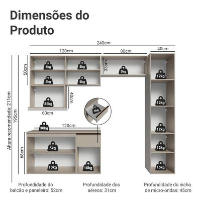 Armário De Cozinha Completa 240 Cm Suspensa Crema Nice Madesa 09
