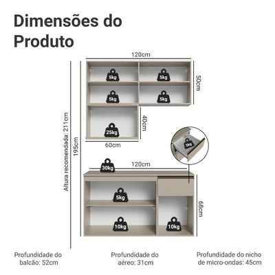 Armário De Cozinha Compacta 120 Cm Suspensa Crema Nice Madesa 06