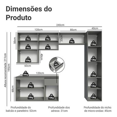 Armário De Cozinha Completa 240 Cm Suspensa Cinza Nice Madesa 09