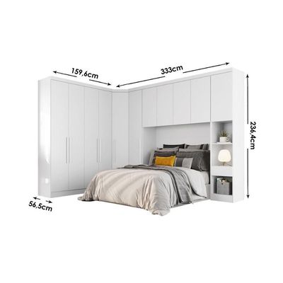 Quarto Modulado Rizon 5 Peças (1 Armário Ponte + 1 Closet + 2 Guarda Roupas + 1 Complemento) Qcm03 Neve - Novo Horizonte