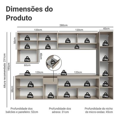 Armário De Cozinha Completa 280 Cm Suspensa Crema Nice Madesa 04