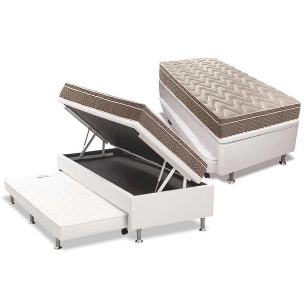 Cama Box Baú C/Auxiliar Solteiro: Colchão Anatômico Paropas D33 Pillow + Base White(88X188)