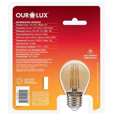 Lâmpada Vintage Led Bolinha De 2 Watts E 2400k - 05310 - Ourolux Vintage Led Bolinha 2w Biv 2400k Ourolux