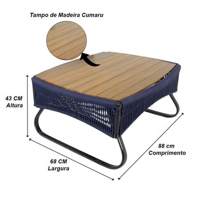 Mesa De Centro Milão Tampo Madeira Em Corda Sintética Trama Azul Marinho