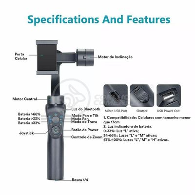 Estabilizador De Mão Eletrônico Portátil 3 Eixos Bluetooth