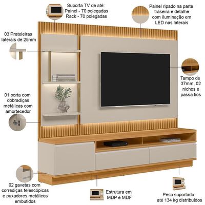 Rack Para Sala Com Painel Para Tv 70 Pol Led 238cm Spencer L05 Tauari Off White Fosco - Lyam Decor