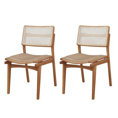 Conjunto Com 2 Cadeiras Madeira Eva Premium Veludo Bege Imbuia Natural