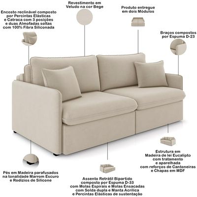 Sofá Cama Retrátil Para Sala de Estar 254cm Una K01 Veludo Bege - Lyam Decor