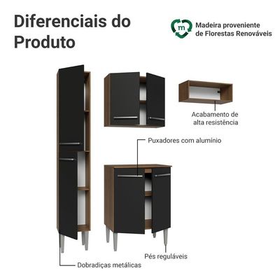 Armário De Cozinha Compacta 156 Cm Rustic-preto Emilly Madesa 01
