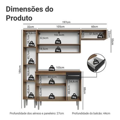 Armário De Cozinha Completa 197 Cm Rustic-preto Emilly Madesa 02