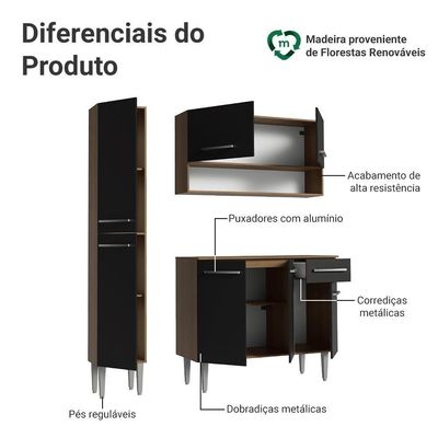 Armário De Cozinha Compacta 137 Cm Rustic-preto Emilly Madesa 011