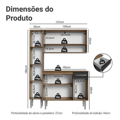 Armário De Cozinha Compacta 137 Cm Rustic-preto Emilly Madesa 011