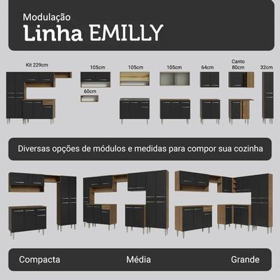 Armário De Cozinha Compacta 137 Cm Rustic-preto Emilly Madesa 012