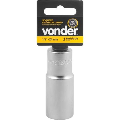 Soquete Estriado Encaixe 1-2" 24mm Longo Aço Cromo Vanádio Vonder 76mm Cromado Fosco