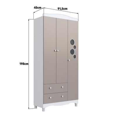 Guarda-roupa Infantil 3 Portas 2 Gavetas Nichos Cabideiro Branco com Cinnamon