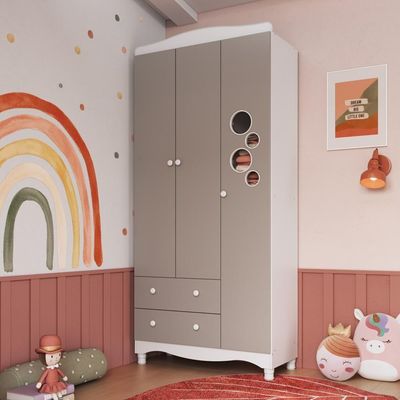 Guarda-roupa Infantil 3 Portas 2 Gavetas Nichos Cabideiro Branco com Cinnamon