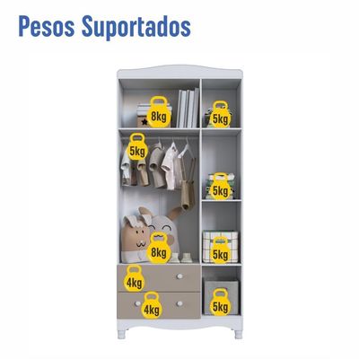 Guarda-roupa Infantil 3 Portas 2 Gavetas Nichos Cabideiro Branco com Cinnamon