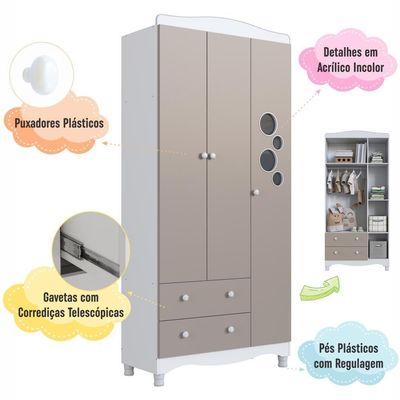 Guarda-roupa Infantil 3 Portas 2 Gavetas Nichos Cabideiro Branco com Cinnamon