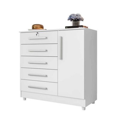 Cômoda Grande 5 Gavetas 1 Porta Com Chave Elegante Branco Repleta Branco
