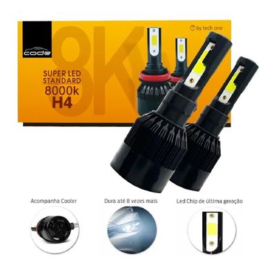 Kit Lâmpadas Super Led CODE H4 8000k Branca 7800 Lúmens