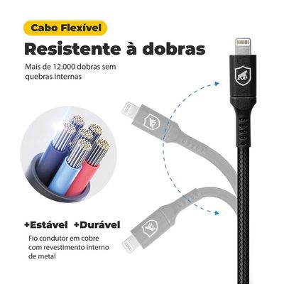 Cabo Lightning / USB-A - Survivor - Preto - 1,5M  no Atacado - Caixa Fechada 10 Unidades - Gshield
