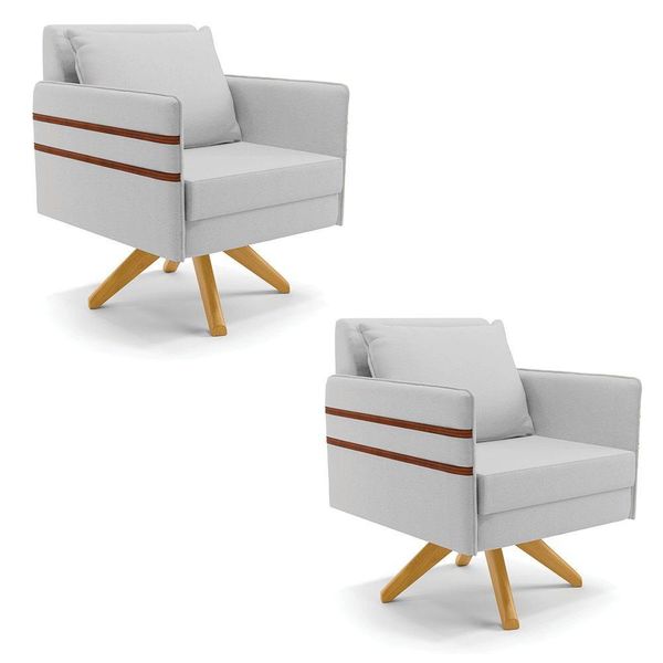 Kit 02 Poltronas Linho Cinza A05 Base De Madeira Ma30