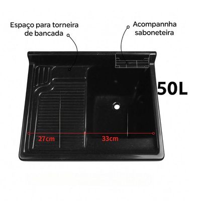 Tanque para Lavanderia 50L com Gabinete Organizador Saboneteira Preto Área de Serviço