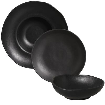 Jogo 3 Peças Prato Fundo de Massa Cumbuca Orgânico Cerâmica Preto Matte Porto Brasil