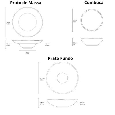 Jogo 3 Peças Prato Fundo de Massa Cumbuca Orgânico Cerâmica Preto Matte Porto Brasil