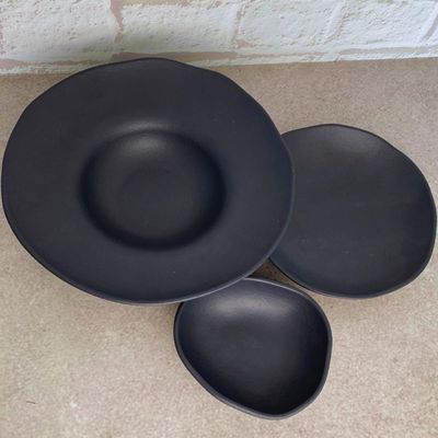 Jogo 3 Peças Prato Fundo de Massa Cumbuca Orgânico Cerâmica Preto Matte Porto Brasil