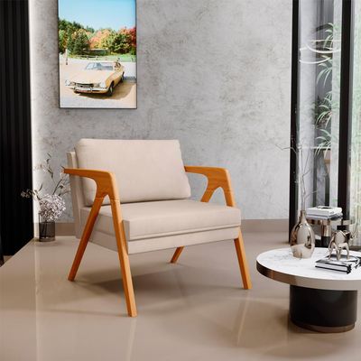 Kit 04 Poltronas Decorativas Para Sala Estar Pietra Estrutura De Madeira L02 Suede Bege - Lyam Decor