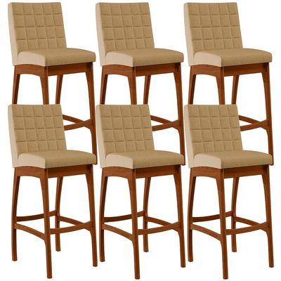 Kit 06 Banquetas Altas Para Cozinha Sala de Jantar Fixa Mila B04 Linho Bege Escuro - Lyam Decor