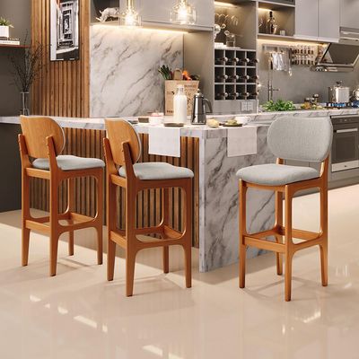 Kit 6 Banquetas Alta Bar Cozinha Sala Jantar Fixa Betta L02 Imbuia Linho Bege - Lyam Decor