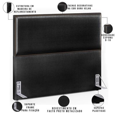 Cabeceira Box Casal Com Tachas 140 cm Vicenza L02 Facto Preto Metalizado - Lyam Decor