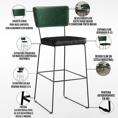 Kit 02 Banquetas Altas Sala Jantar Fixa Allana L02 Facto Verde Musgo Couríssimo Preto - Lyam Decor