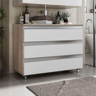Gabinete Banheiro Rodinhas Joia 80cm 03 Gavetas Madeirado Branco