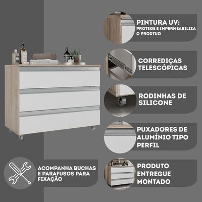 Gabinete Banheiro Rodinhas Joia 80cm 03 Gavetas Madeirado Branco
