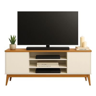 Rack Bancada Para Até 60 Polegadas 1,60m 2 Portas 3 Nichos Titan Off White / Madeirado Edn Off White / Madeirado