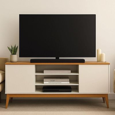 Rack Bancada Para Até 60 Polegadas 1,60m 2 Portas 3 Nichos Titan Off White / Madeirado Edn Off White / Madeirado