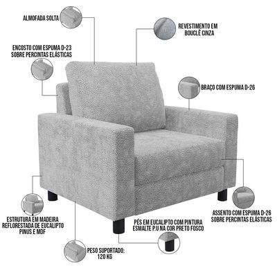 Poltrona Decorativa Para Sala De Estar E Recepção Malta L02 Bouclê Cinza - Lyam Decor